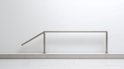 Modern stainless steel handrail design against a minimalistic white wall, showcasing sleek lines and contemporary architecture with a focus on safety and accessibility features