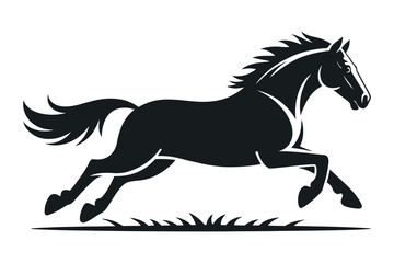 Elegant Black Horse Galloping Silhouette on White Background with Grass Vector Illustration for Logo Icon or Design Element