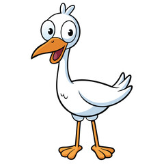 Funny white cartoon bird with orange beak looks cheerful and welcoming on white