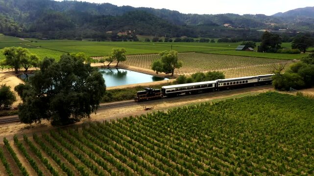 Aerial tracking ascend of train crossing through vineyards beside reflective pond and restaurant in golden hour light