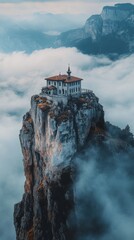 A surreal mountain retreat stands majestically above the clouds. A stunning representation of isolation and serenity. Nature and architecture unite perfectly here. Generative AI