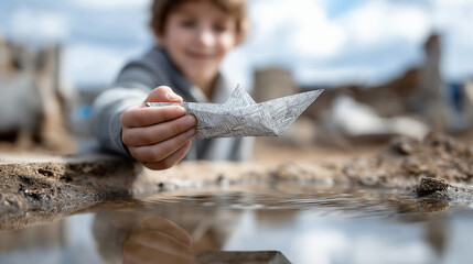 Obraz premium Young boy with curly hair is joyfully holding a handmade paper boat above a shallow water pool, surrounded by sandy terrain and a blurred background of playful outdoor scenery