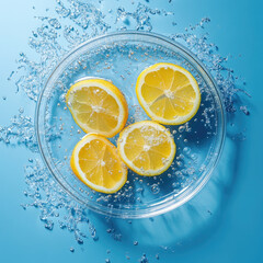 Lemon and sliced lemon in petri dish transparent podium blue background with water wave and water drop , top view , for food advertising