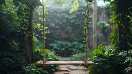 A tranquil garden scene featuring a wooden swing hanging from a lush canopy, offering a peaceful and inviting atmosphere perfect for relaxation and connection with nature.