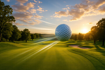 A close-up of a golf ball soaring through the air at sunset.