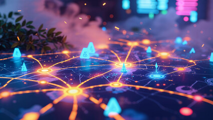 Futuristic digital network visualization with glowing lines and connected data points