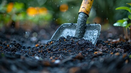 A shovel deeply embedded in rich black soil, surrounded by vibrant greenery, captures the essence of gardening and the joy of nurturing plants under gentle water droplets.