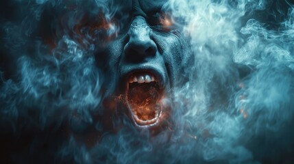 A haunting visage emerges from swirling smoke and flickering flames, representing the tumultuous struggle within, showcasing deep emotions and raw intensity.