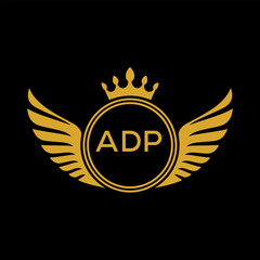 ADP Royal Golden Wing Logo with Crown and Initials - Premium Brand Identity Design on Black Background. ADP Letter Logo.

