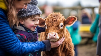 A joyful child interacts with a friendly calf at a farm. The bond between human and animal is evident. A heartwarming scene of innocence and connection. Generative AI