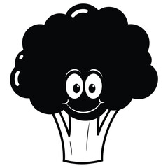 Happy broccoli smiles cheerfully with cartoon eyes in black and white colors