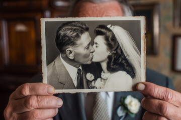 Timeless Kiss: An old photo of a loving couple sharing a tender kiss is held, evoking nostalgia and the enduring power of love and commitment, showcasing the depth of the relationship.
