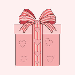 Valentine's Day Gift Box Illustration with Pink Stripes and Heart Accents, On Pastel Background
