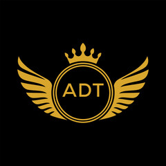 ADT Royal Golden Wing Logo with Crown and Initials - Premium Brand Identity Design on Black Background. ADT Letter Logo.

