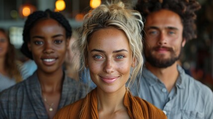 Fototapeta premium A warm and inviting image showcasing three diverse friends smiling together, radiating joy and togetherness amidst a lively and vibrant setting, embracing multicultural friendship.