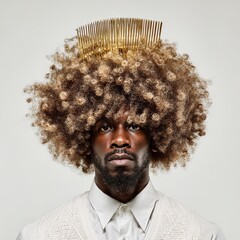 Afro hair man with comb crown portrait style and fashion photography with unique hairstyle and beard style