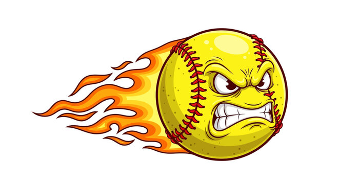 Fiery Softball Cartoon Character with Angry Expression and Flames
