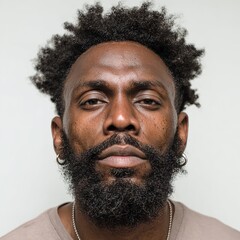 Portrait of african american man with beard and afro hairstyle looking at camera on white background