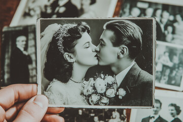 Kiss of Time: A vintage black and white photograph of a couple locked in a tender kiss, a timeless moment captured and held, surrounded by other fading memories.