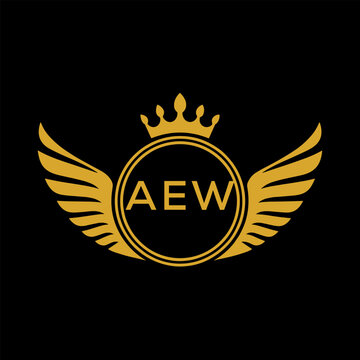 AEW Royal Golden Wing Logo with Crown and Initials - Premium Brand Identity Design on Black Background. AEW Letter Logo.
