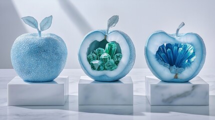 Three blue apple sculptures, each intricately designed with a rough textured surface and a cut-out center showcasing dazzling gemstone-like interiors. 