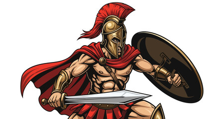 Obraz premium Illustrated Spartan Warrior with Sword, Shield, and Red Cape