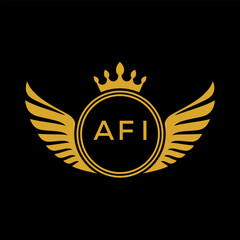 AFI Royal Golden Wing Logo with Crown and Initials - Premium Brand Identity Design on Black Background. AFI Letter Logo.
