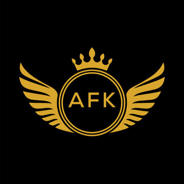 AFK Royal Golden Wing Logo with Crown and Initials - Premium Brand Identity Design on Black Background. AFK Letter Logo.
