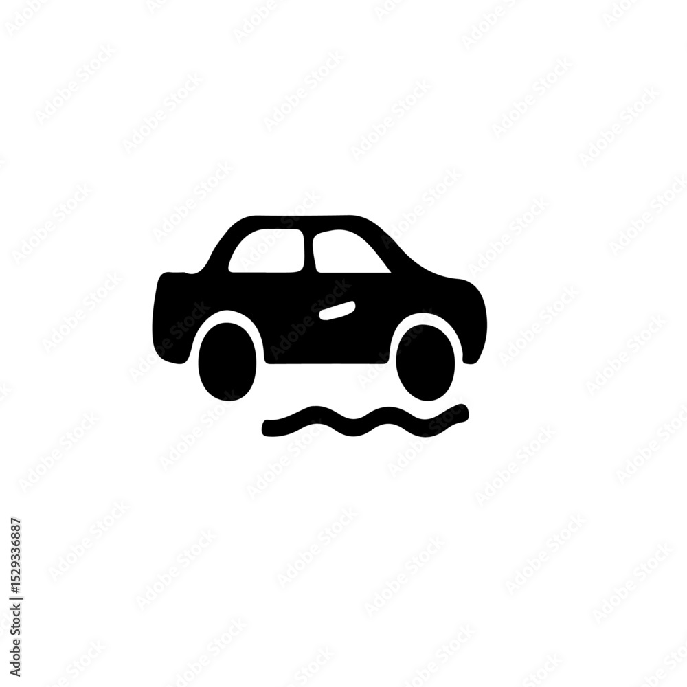 Poster a simple black silhouette of a car with rounded features and wavy lines underneath it on a white bac