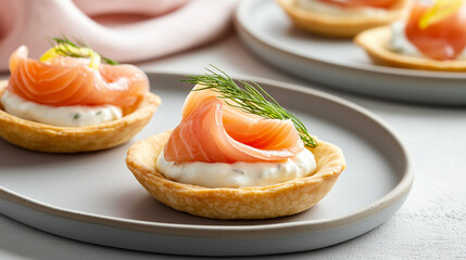Smoked Salmon and Cottage Cheese Tart with Dill and Lemon on Pastel Plates