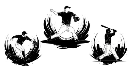 Baseball Players in Action with Dynamic Black and White Illustrations