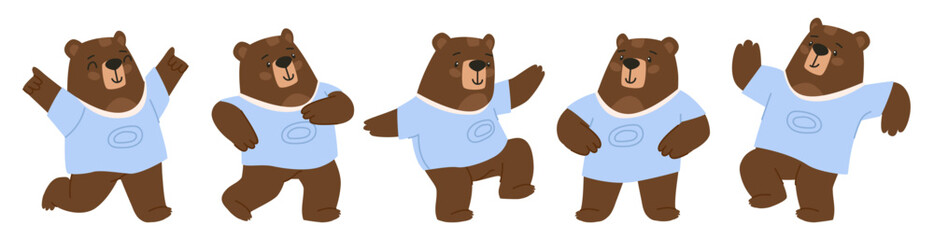 Animal bear in different poses. Bear runs, walks, jumps and waves its paws. Flat vector illustration, eps 10