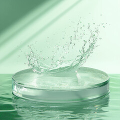 Empty Glass circle podium on transparent clear green water texture with splashes and waves in sunlight. Abstract nature background for product presentation. Flat lay cosmetic mockup.
