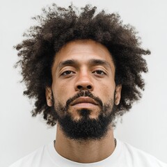 Stock photo of man with afro hair and beard looking at camera for portrait or headshot photography