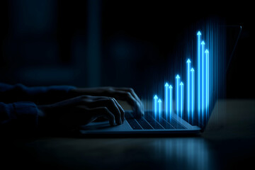 Hands typing on a laptop keyboard with rising blue digital arrows illustrating growth and progress on a dark background.