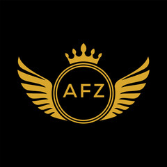 AFZ Royal Golden Wing Logo with Crown and Initials - Premium Brand Identity Design on Black Background. AFZ Letter Logo.
