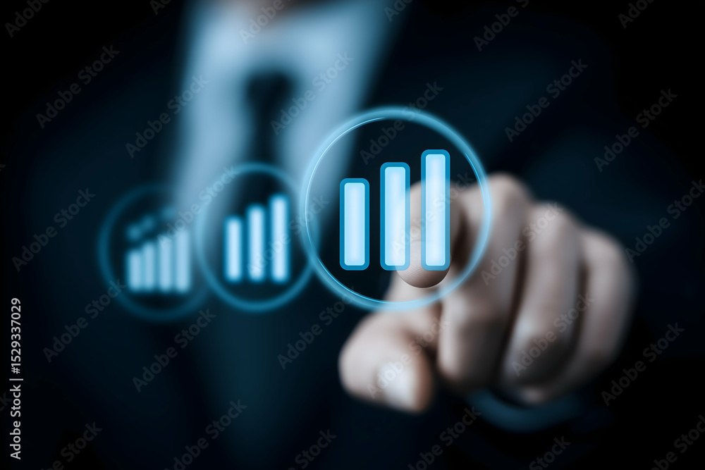 Poster a business professional interacts with a futuristic digital interface showing ascending bar charts r