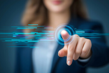 A person"s hand interacts with a glowing digital interface, symbolizing technology and futuristic touch control.