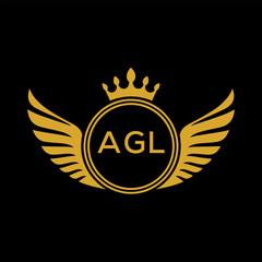 AGL Royal Golden Wing Logo with Crown and Initials - Premium Brand Identity Design on Black Background. AGL Letter Logo.
