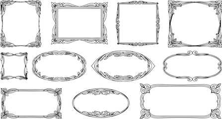 Elegant art nouveau style frames collection in various shapes for decorative design elements and artistic projects