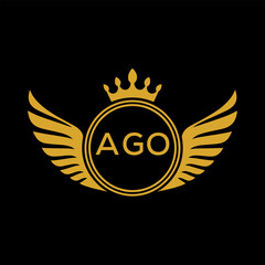 AGO Royal Golden Wing Logo with Crown and Initials - Premium Brand Identity Design on Black Background. AGO Letter Logo.
