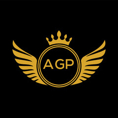 AGP Royal Golden Wing Logo with Crown and Initials - Premium Brand Identity Design on Black Background. AGP Letter Logo.
