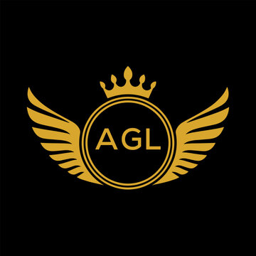 AGL Royal Golden Wing Logo with Crown and Initials - Premium Brand Identity Design on Black Background. AGL Letter Logo.
