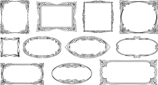 Elegant art nouveau style frames collection in various shapes for decorative design elements and artistic projects