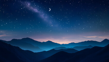 Night Sky Mountain Landscape with Crescent Moon