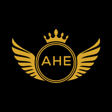 AHE Royal Golden Wing Logo with Crown and Initials - Premium Brand Identity Design on Black Background. AHE Letter Logo.
