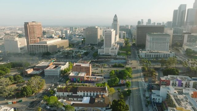 4K aerial of anti-ICE protests in downtown Los Angeles - June 8, 2025