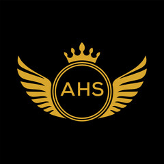 AHS Royal Golden Wing Logo with Crown and Initials - Premium Brand Identity Design on Black Background. AHS Letter Logo.
