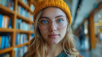 Fototapeta premium A young woman with striking blue eyes and a yellow beanie poses in a library, portraying an atmosphere of intellectual curiosity and youthful style amidst books.