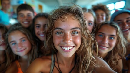 Fototapeta premium A joyful group of teenagers smiles together, capturing the essence of youth and camaraderie during a memorable summer adventure at sea.